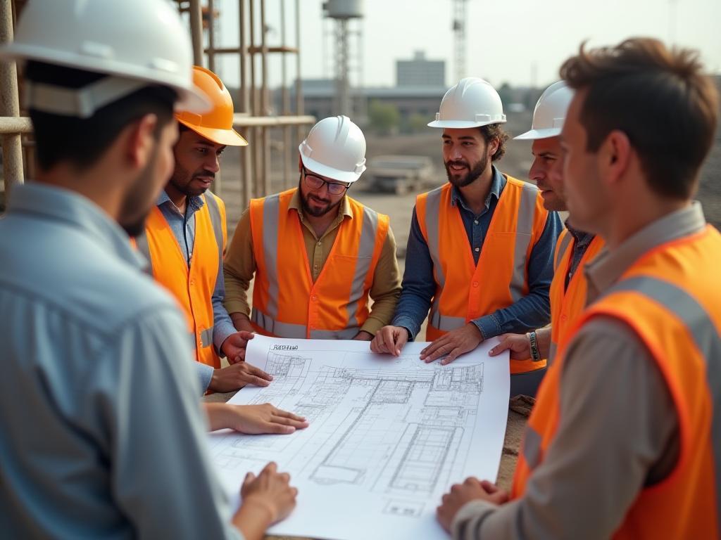 Kilcor crew reviewing blueprints on site